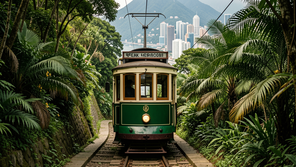 Historic Peak Tram ascending through lush tropical greenery